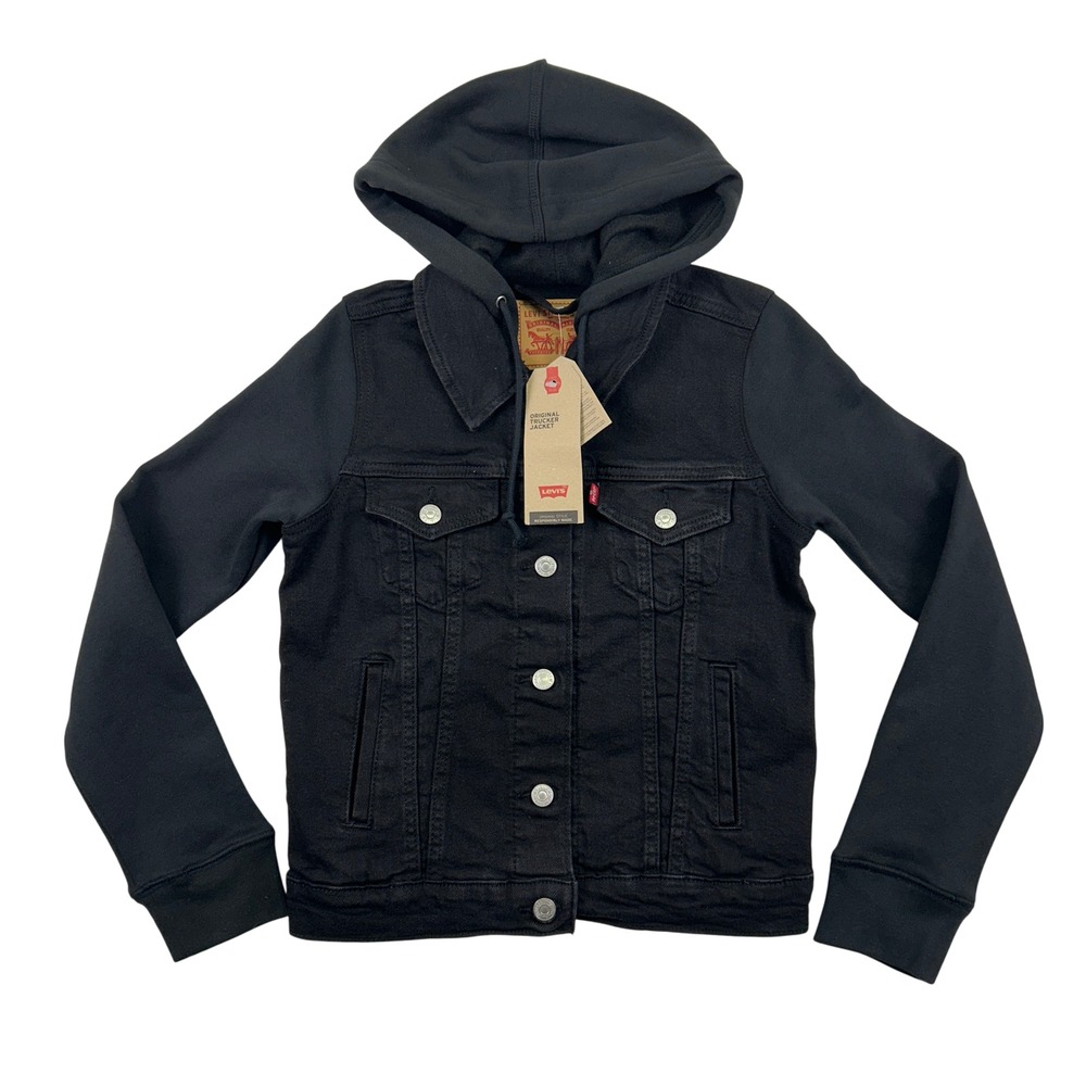 Levi's‎ Jacket Womens XS Trucker Hooded Denim Black Button Casual